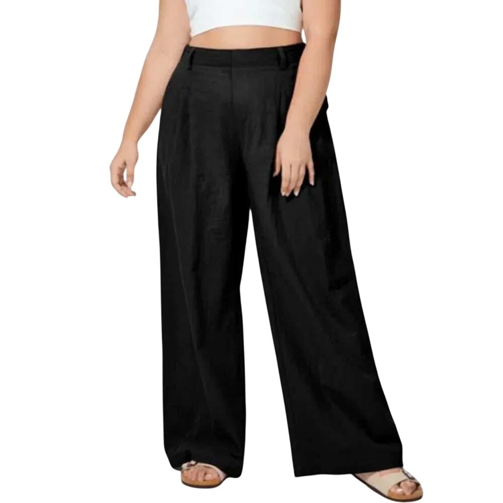 Halara Black 100% Cotton Wide Leg Pleated High Rise Trousers Pants Size L NWT